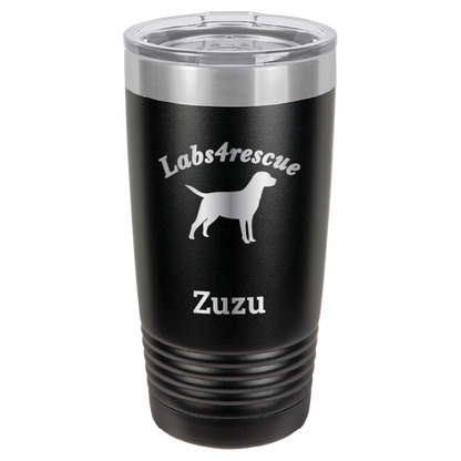 Black laser engraved 20 oz tumbler featuring the Labs4rescue logo and the name Zuzu. 
