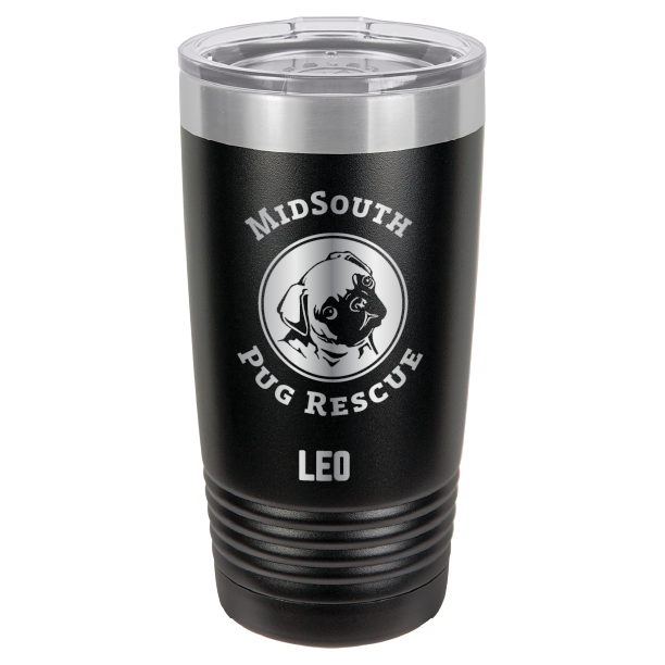 Black laser engraved 20 oz tumbler featuring the MidSouth Pug Rescue logo and the name Leo.