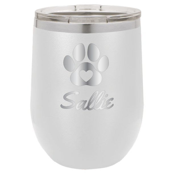 Laser engraved personalized wine tumbler featuring a paw print with heart, in white