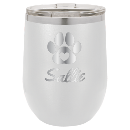 Laser engraved personalized wine tumbler featuring a paw print with heart, in white