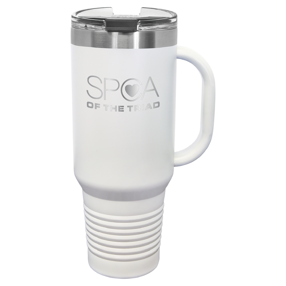 White 40 oz  laser engraved tumbler with the SPCA of the Triad logo.
