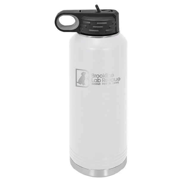 White laser engraved 40 oz water bottle featuring the Brookline Lab Rescue logo