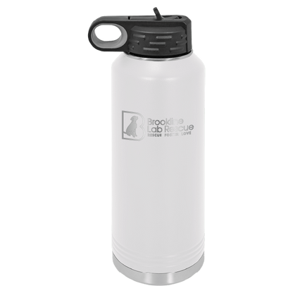 White laser engraved 40 oz water bottle featuring the Brookline Lab Rescue logo