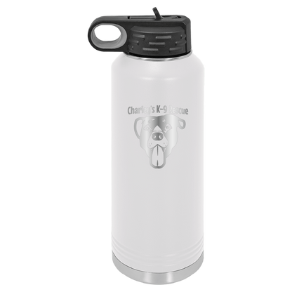 White 40 oz water bottle laser engraved  tumbler featuring the Charley's K9 Rescue logo