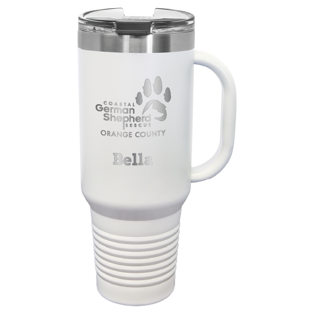 40 tumbler, laser engraved with the Coastal German Shepherd Rescue of OC logo, in white