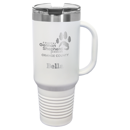 40 tumbler, laser engraved with the Coastal German Shepherd Rescue of OC logo, in white