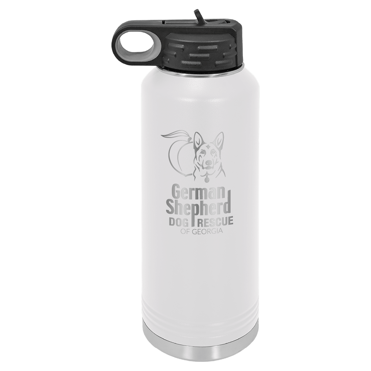 40 Oz Laser engraved water bottle featuring the German Shepherd Dog Rescue of Georgia, in white