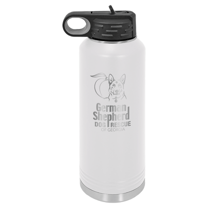 40 Oz Laser engraved water bottle featuring the German Shepherd Dog Rescue of Georgia, in white