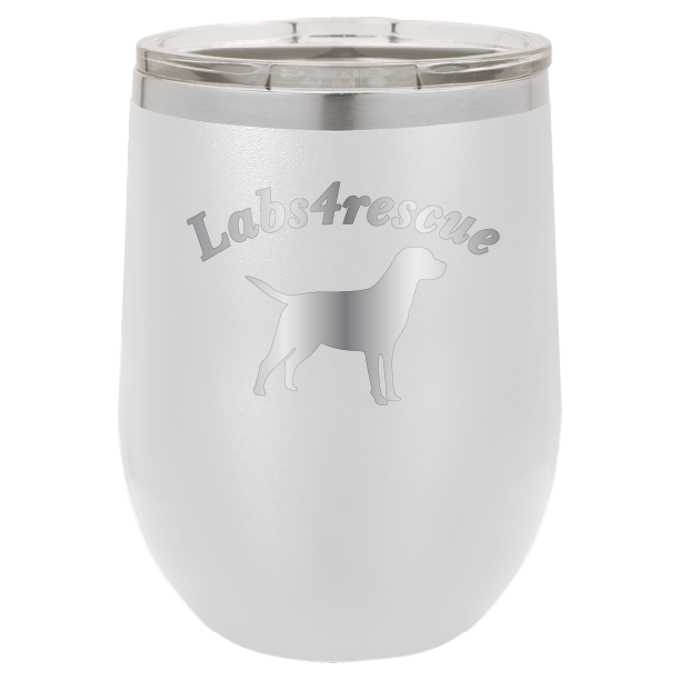 12 oz laser engraved wine tumbler with the labs4rescue logo, in white