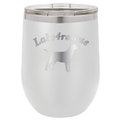 12 oz laser engraved wine tumbler with the labs4rescue logo, in white