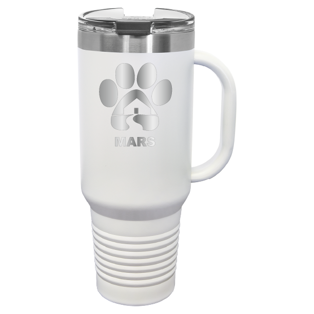 White 40 ounce laser engraved travel mug with handle, featuring the with the Midwest Animal Rescue & Services (MARS) logo