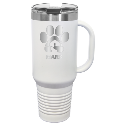 White 40 ounce laser engraved travel mug with handle, featuring the with the Midwest Animal Rescue & Services (MARS) logo