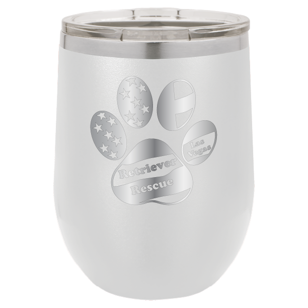 White laser engraved wine tumbler with the logo of retriever rescue of Las Vegas