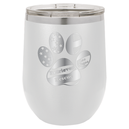 White laser engraved wine tumbler with the logo of retriever rescue of Las Vegas