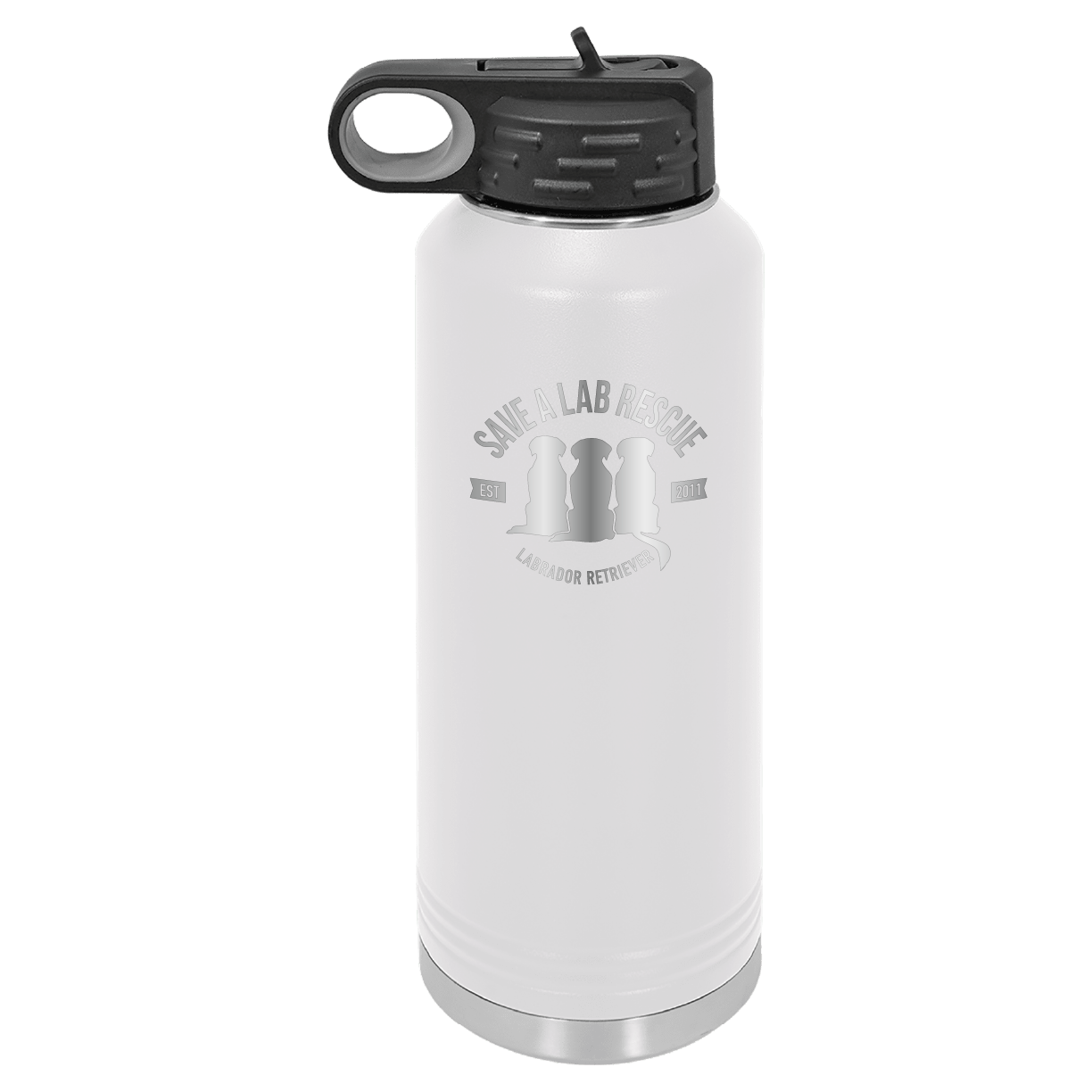 White 40 Oz Laser engraved water bottle featuring the Save A Lab logo.