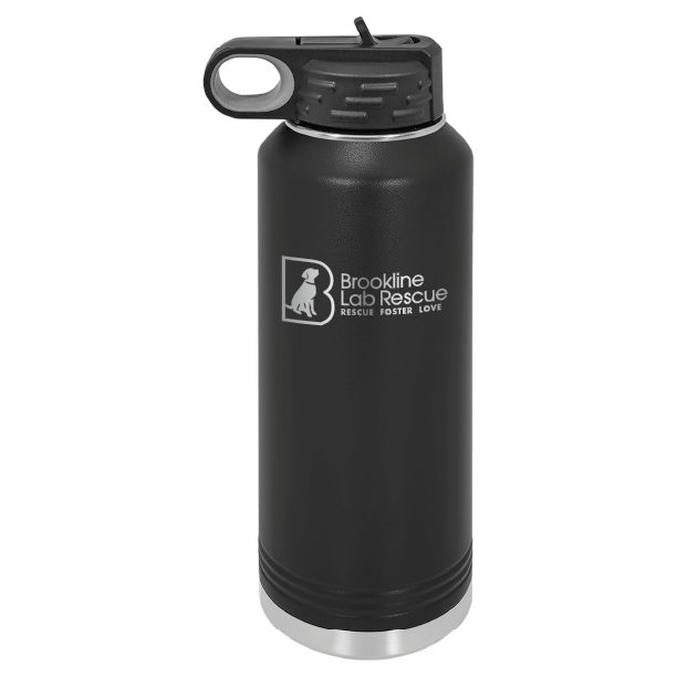 Black laser engraved 40 oz water bottle featuring the Brookline Lab Rescue logo