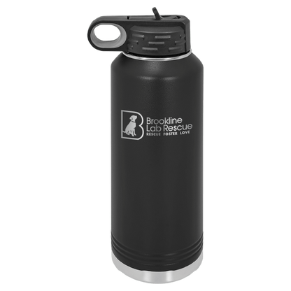 Black laser engraved 40 oz water bottle featuring the Brookline Lab Rescue logo