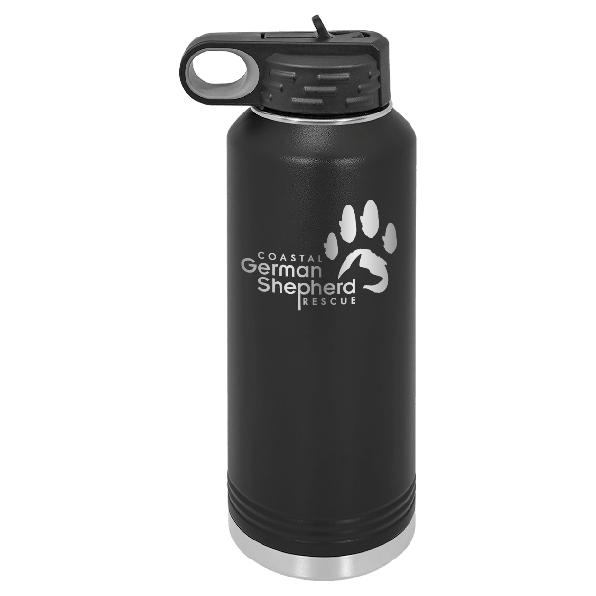 Black 40 ounce laser engraved water bottle, featuring the with the Coastal German Shpherd Rescue of Orange County logo