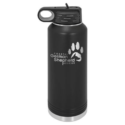 Black 40 ounce laser engraved water bottle, featuring the with the Coastal German Shpherd Rescue of Orange County logo