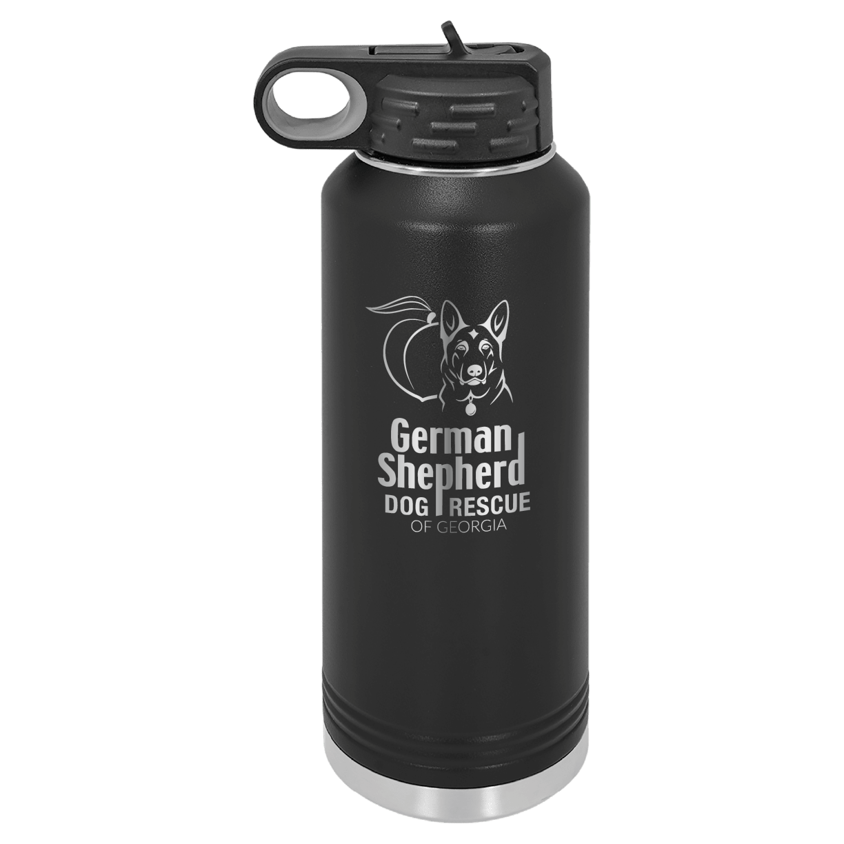 40 Oz Laser engraved water bottle featuring the German Shepherd Dog Rescue of Georgia, in black