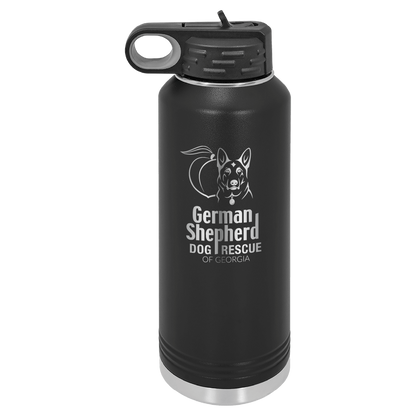 40 Oz Laser engraved water bottle featuring the German Shepherd Dog Rescue of Georgia, in black