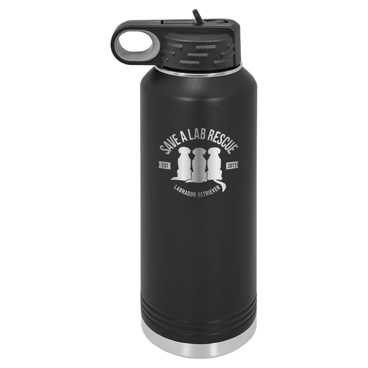 Black 40 Oz Laser engraved water bottle featuring the Save A Lab logo.