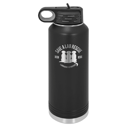 Black 40 Oz Laser engraved water bottle featuring the Save A Lab logo.