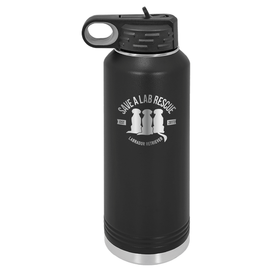 Black 40 Oz Laser engraved water bottle featuring the Save A Lab logo.