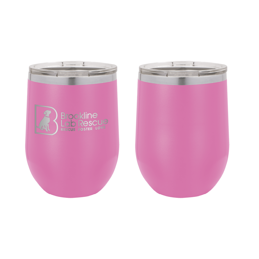 Pink laser engraved 12 oz wine tumbler featuring the Brookline Lab Rescue logo