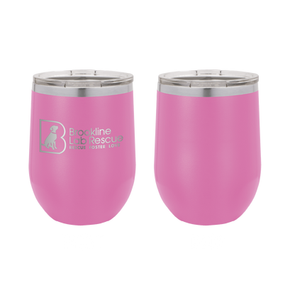 Pink laser engraved 12 oz wine tumbler featuring the Brookline Lab Rescue logo