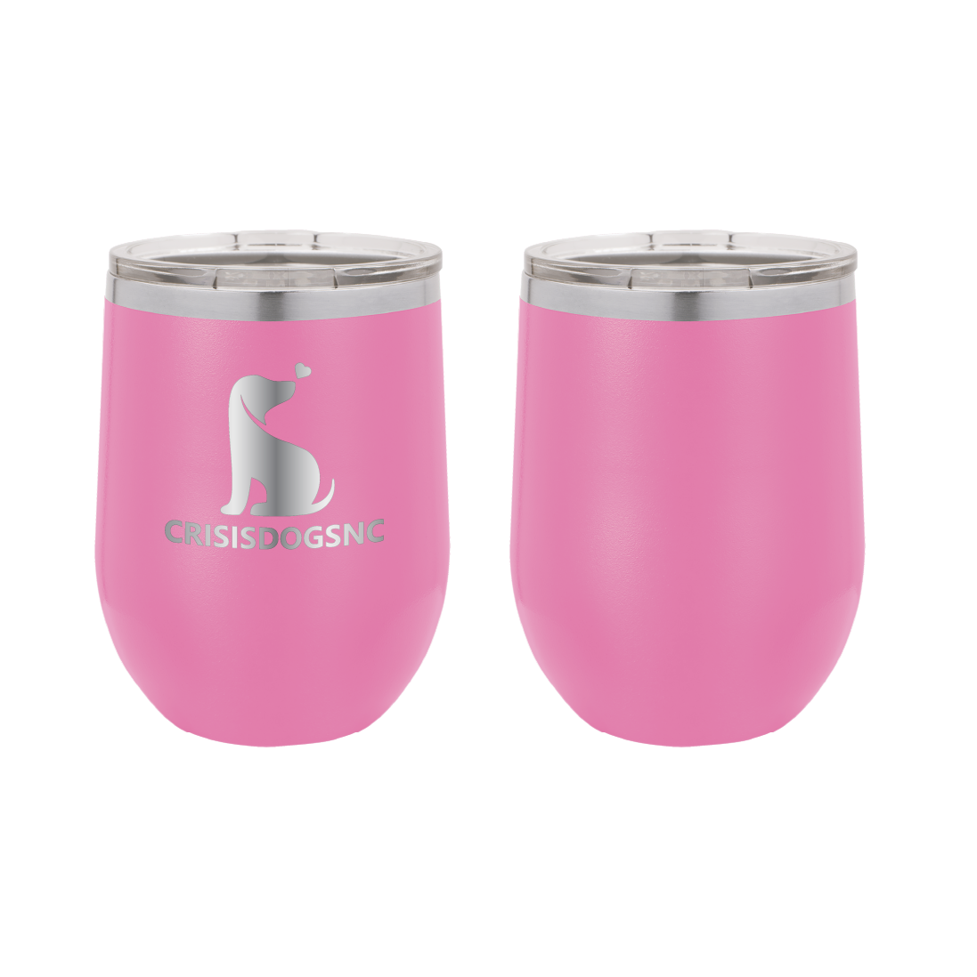 Pink laser engraved wine tumblers featuring the Crisis Dogs NC logo.