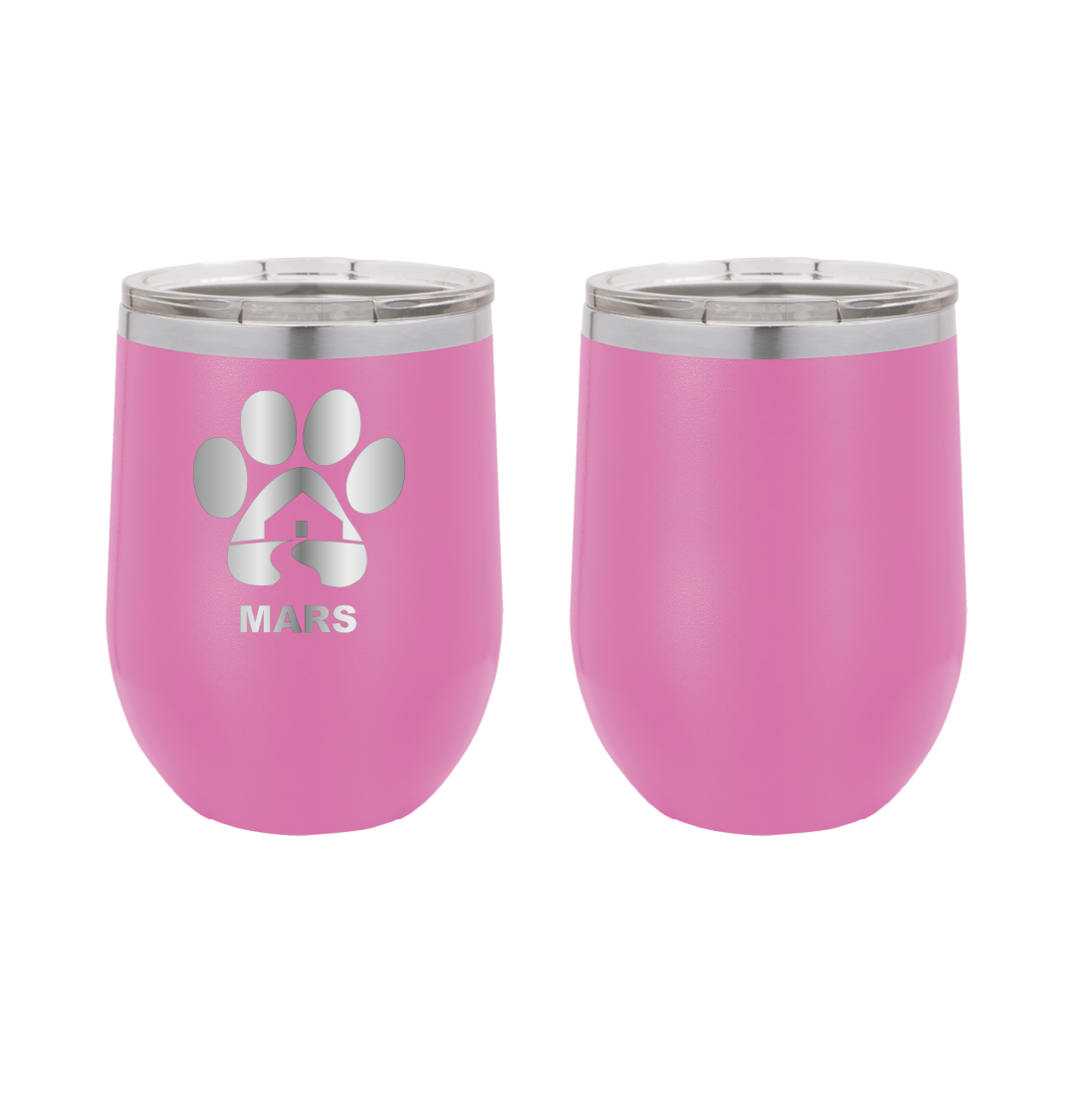 Pink 12 ounce laser engraved wine tumbler with the Midwest Animal Rescue & Services (MARS) logo.