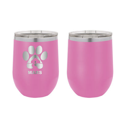 Pink 12 ounce laser engraved wine tumbler with the Midwest Animal Rescue & Services (MARS) logo.