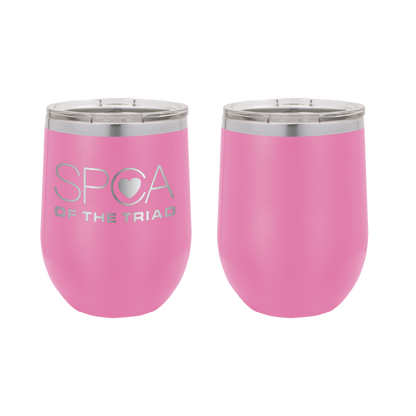 Pink 12 oz Laser engraved wine tumbler featuring the SPCA of the Triad logo. 