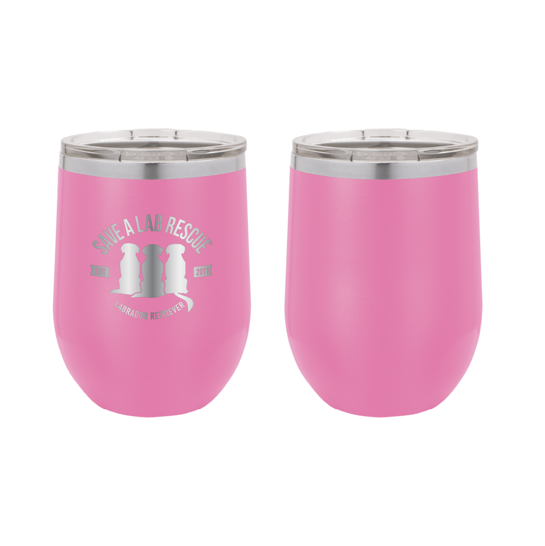 12 oz Wine Tumbler, laser engraved gift for mom's, dads and dog lovers. Pink tumbler with the Save A Lab logo.