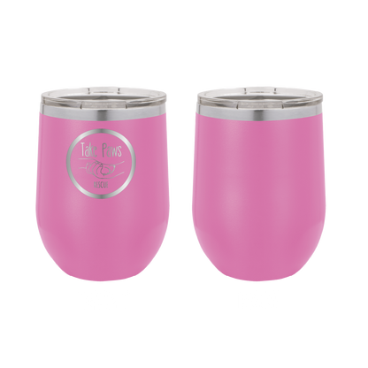 Pink 12 oz wine tumbler laser engraved  tumbler featuring the Take Paws Rescue logo