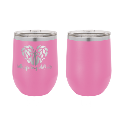 Laser engraved 12 oz wine tumbler featuring the Whispering Willows logo. In Pink.