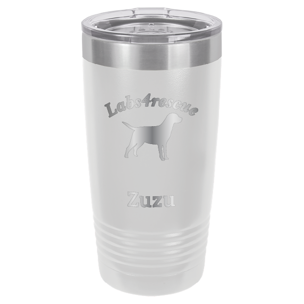 White laser engraved 20 oz tumbler featuring the Labs4rescue logo and the name Zuzu. 