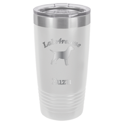 White laser engraved 20 oz tumbler featuring the Labs4rescue logo and the name Zuzu. 