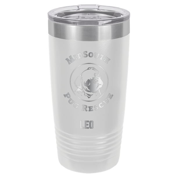 White laser engraved 20 oz tumbler featuring the MidSouth Pug Rescue logo and the name Leo.