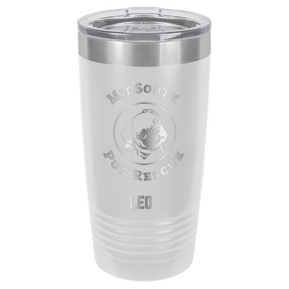 White laser engraved 20 oz tumbler featuring the MidSouth Pug Rescue logo and the name Leo.