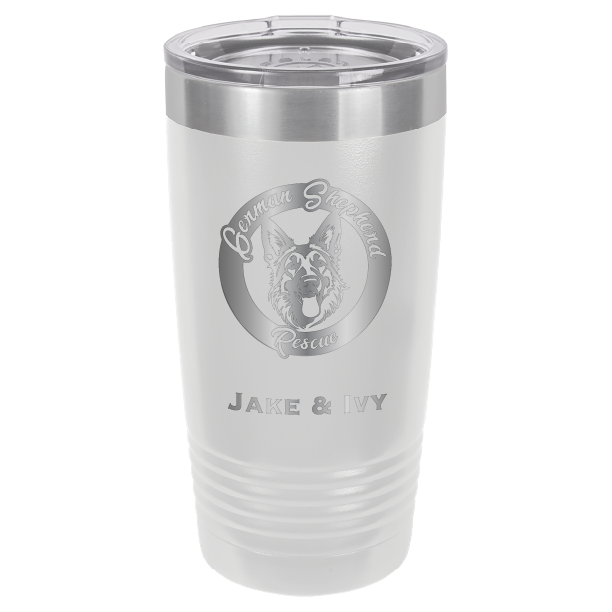 Laser Engraved white 20 oz tumbler with German Shepherd Rescue and the names Jake and Ivy