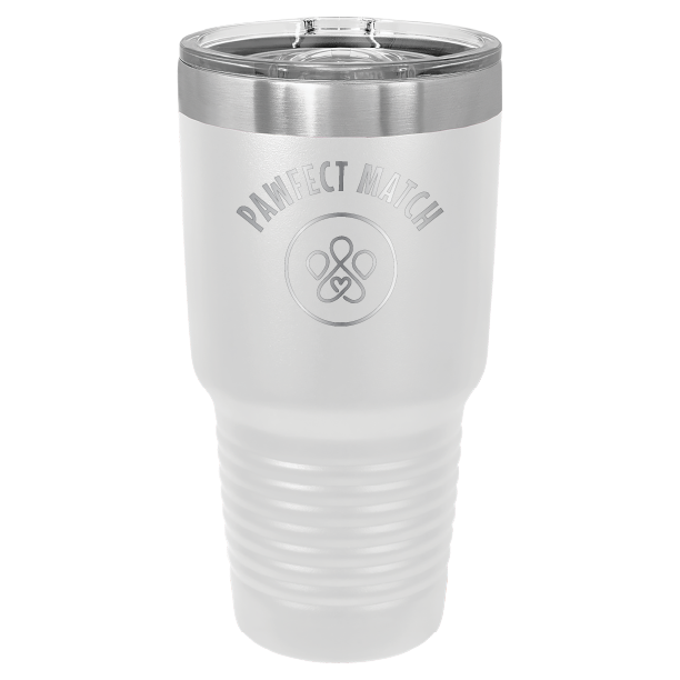 White 30 oz laser engraved tumbler featuring the Pawfect Match logo
