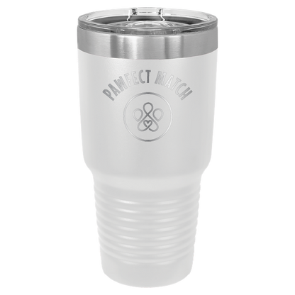 White 30 oz laser engraved tumbler featuring the Pawfect Match logo