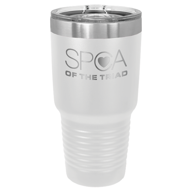 White 30 oz laser engraved tumbler featuring the SPCA of the Triad logo.