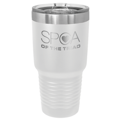 White 30 oz laser engraved tumbler featuring the SPCA of the Triad logo.