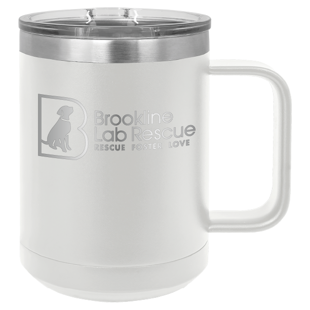 White laser engraved 15 of coffee cup featuring the Brookline Lab Rescue logo