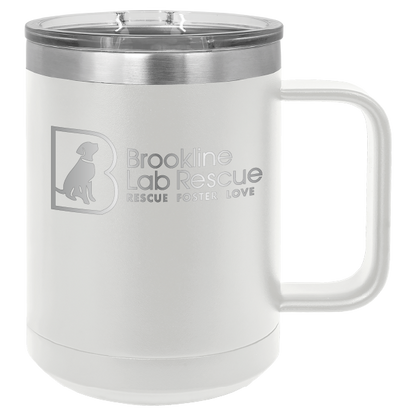 White laser engraved 15 of coffee cup featuring the Brookline Lab Rescue logo