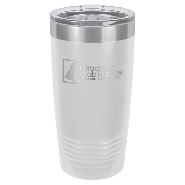 White and stainless  laser engraved 20 ounce tumbler featuring the Brookline Lab Rescue logo