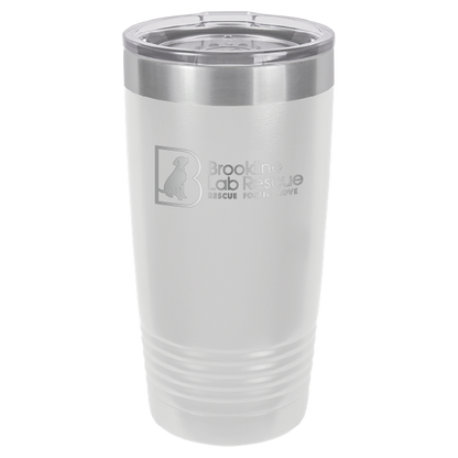 White and stainless  laser engraved 20 ounce tumbler featuring the Brookline Lab Rescue logo